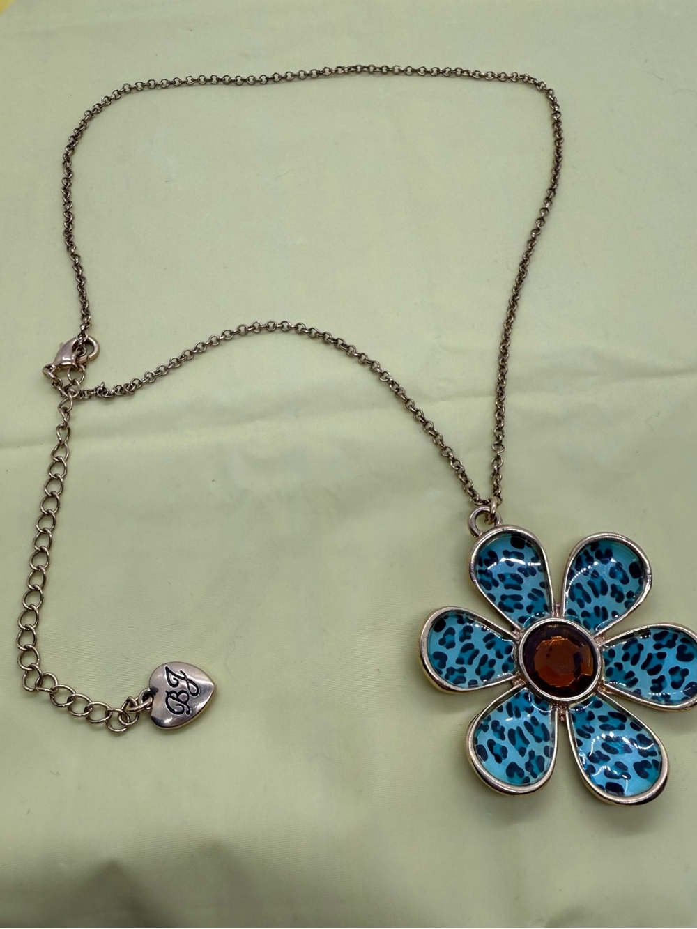 Betsey Johnson Blue Leopard Print Flower Pendant Necklace Statement Jewelry